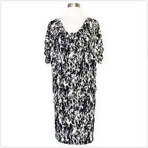 TravelSmith Black White Print Blouson Draped Neckline Stretch Jersey Dress 12